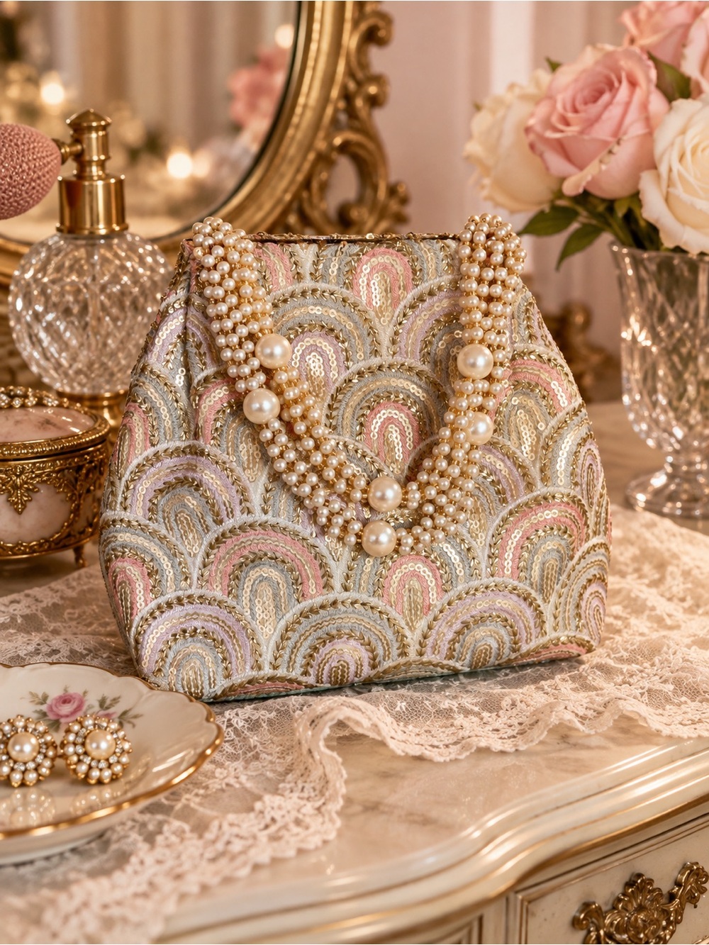 Vintage Pastel Embroidered Sequin Evening Purse with Pearl Beaded Handles